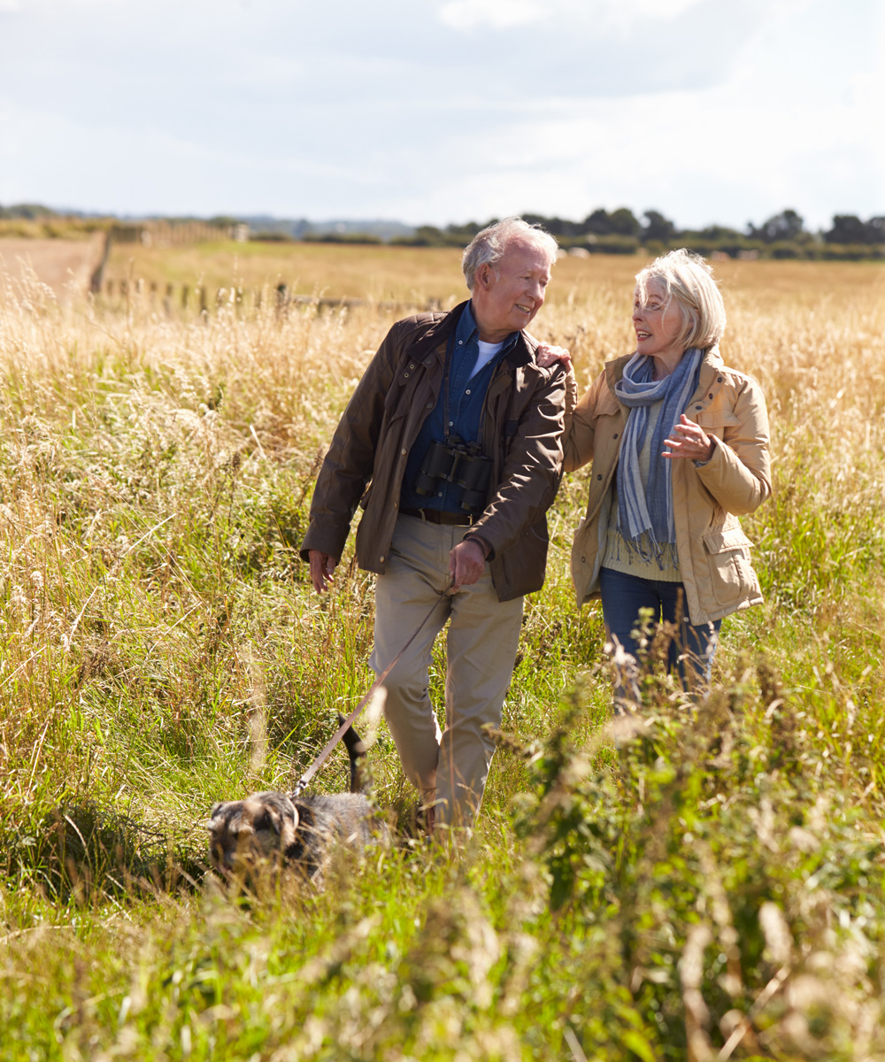 Senior Couple Taking Dog For Walk In Countryside